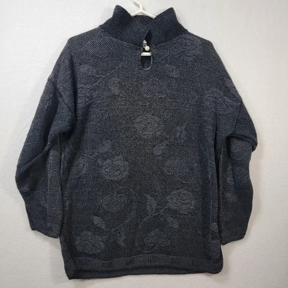 Vintage Huntington Ridge Floral Rose Knit Sweater Button Neck Pearl Detail Gray - Picture 1 of 16